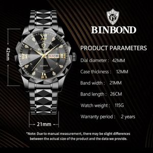 خرید آنلاین ساعت مچی مردانه BINBOND لوکس با بند الماس، طرح آنالوگ،کوارتز،استیل ضد زنگ