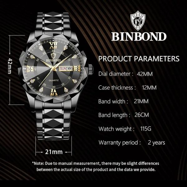 ساعت مچی مردانه BINBOND لوکس با بند الماس، طرح آنالوگ،کوارتز،استیل ضد زنگ