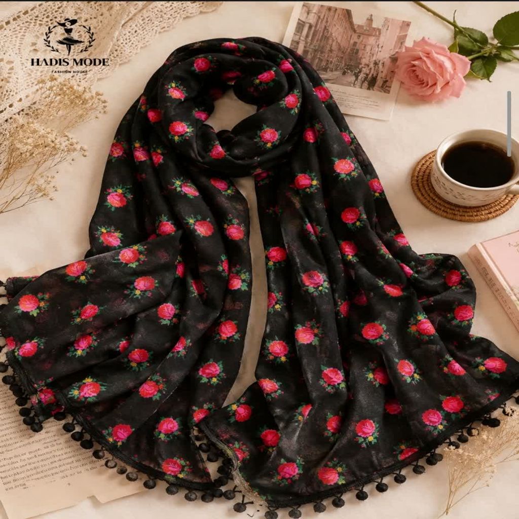 خرید اینترنتی قیمت شال زنانه دخترانه نخی مشکی گل رز