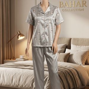 خرید انلاین ست سه تیکه تیشرت و شلوار و کش مو لباس خواب ساتن زنانه و دخترانه وارداتی