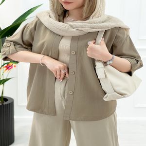 شومیز زنانه باکسی آستین سه ربع - نسکافه‌ای - تاتاتا