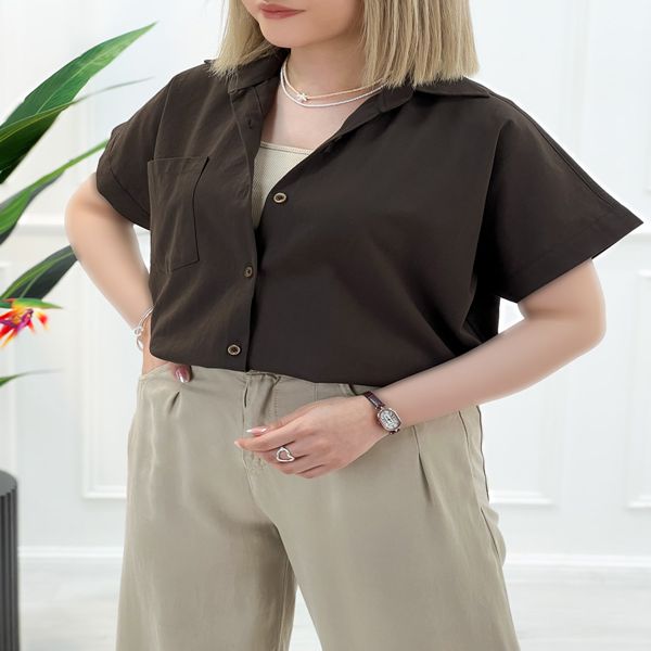 شومیز زنانه آستین کوتاه آنیل - شکلاتی