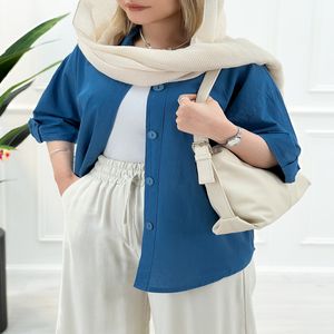 شومیز مانتو زنانه خنک لینن لنا - آبی تیره - تاتاتا