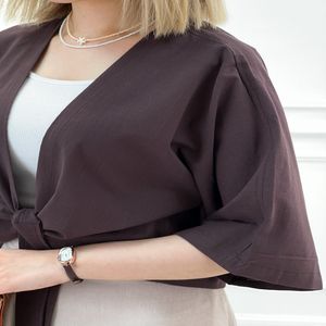 خرید اینترنتی قیمت شومیز کوتاه جلو گره مهرا - شکلاتی