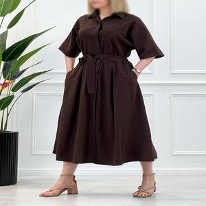 خرید اینترنتی قیمت کفتان بلند زنانه لینن نادیا - شکلاتی