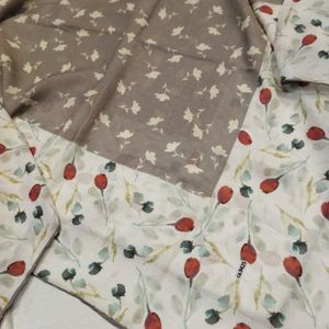 روسری طرح دار نخی قواره 140 کرم مشگی نسکافه ای