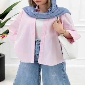 شومیز مانتویی آستین پاکتی زنانه - صورتی روشن
