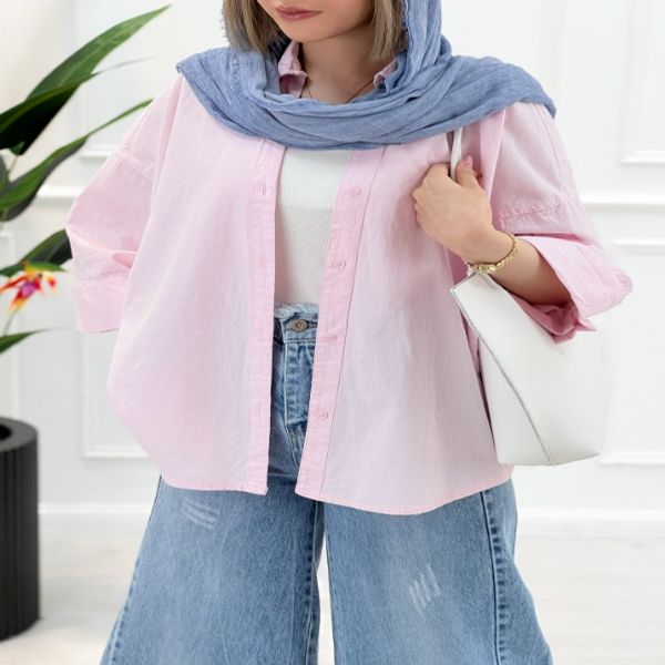 شومیز مانتویی آستین پاکتی زنانه - صورتی روشن
