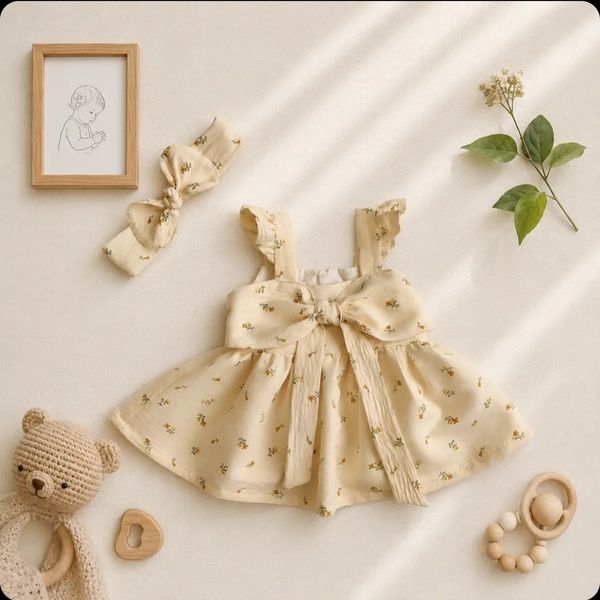 ست پیراهن دخترانه پریمیوم و هدبند طرح گلدار رنگ کرم برند totobaby