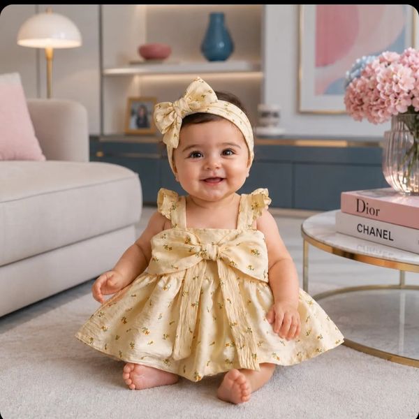 ست پیراهن دخترانه پریمیوم و هدبند طرح گلدار رنگ کرم برند totobaby