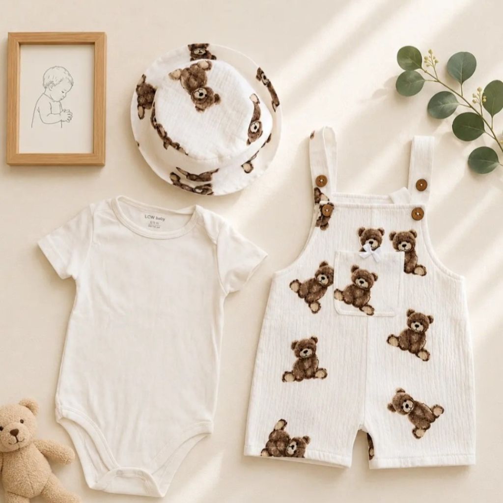خرید آنلاین ست بیلر، بادی و کلاه پریمیوم طرح تدی رنگ سفید برند totobaby