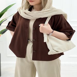 شومیز کوتاه زنانه مرجان - قهوه‌ای‌روشن
