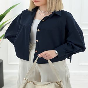 خرید اینترنتی قیمت شومیز لینن کوتاه آزاد پگاه - سرمه‌ای - تاتاتا
