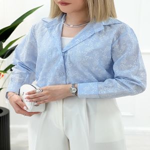 شومیز مانتویی طرحدار شیشه ای آویدا - آبی