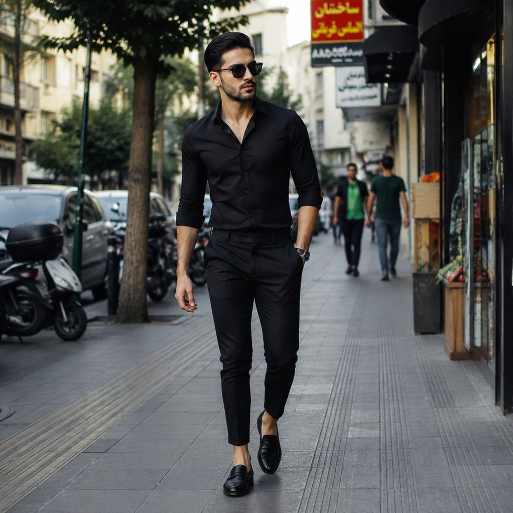 خرید اینترنتی قیمت پکیج پیراهن مردانه مشکی مدل VQ شلوار مردانه مشکی مدل MOBIN