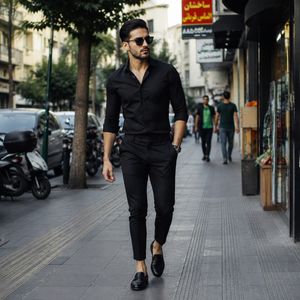 پکیج پیراهن مردانه مشکی مدل VQ شلوار مردانه مشکی مدل MOBIN