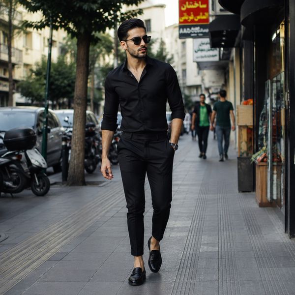 پکیج پیراهن مردانه مشکی مدل VQ شلوار مردانه مشکی مدل MOBIN