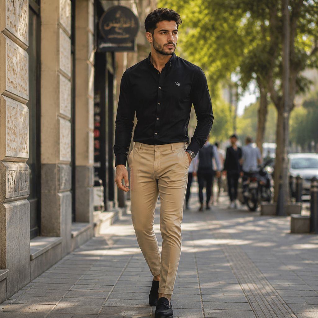 خرید اینترنتی قیمت پکیج پیراهن مردانه مشکی مدل VQ شلوار مردانه خاکی مدل MOBIN