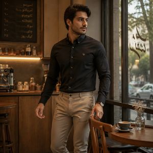 خرید اینترنتی قیمت پکیج پیراهن مردانه مشکی مدل VQ شلوار مردانه خاکی مدل MOBIN