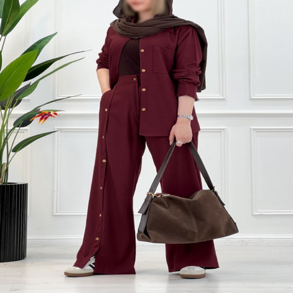 خرید اینترنتی قیمت مانتو شلوار ست زنانه ثمین - زرشکی