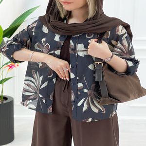 شومیز مانتویی طرح برگ شیلا - سرمه‌ای