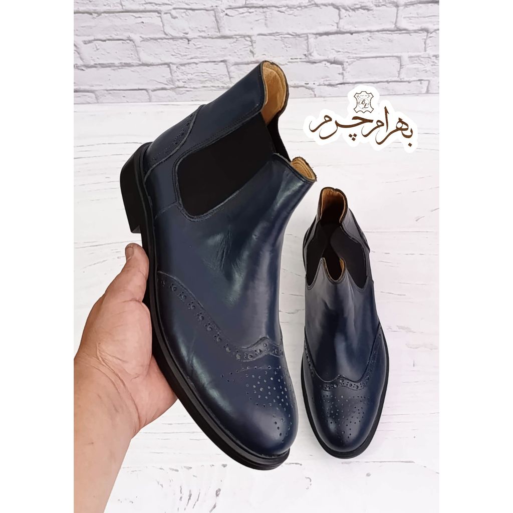 قیمت ارزان نیم بوت مردانه چرم طبیعی دستدوز کایوت سرمه ای تک سایز