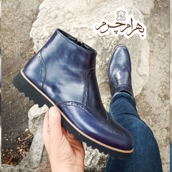 نیم بوت مردانه اسپرت چرم طبیعی مدل برونو سرمه ای تک سایز