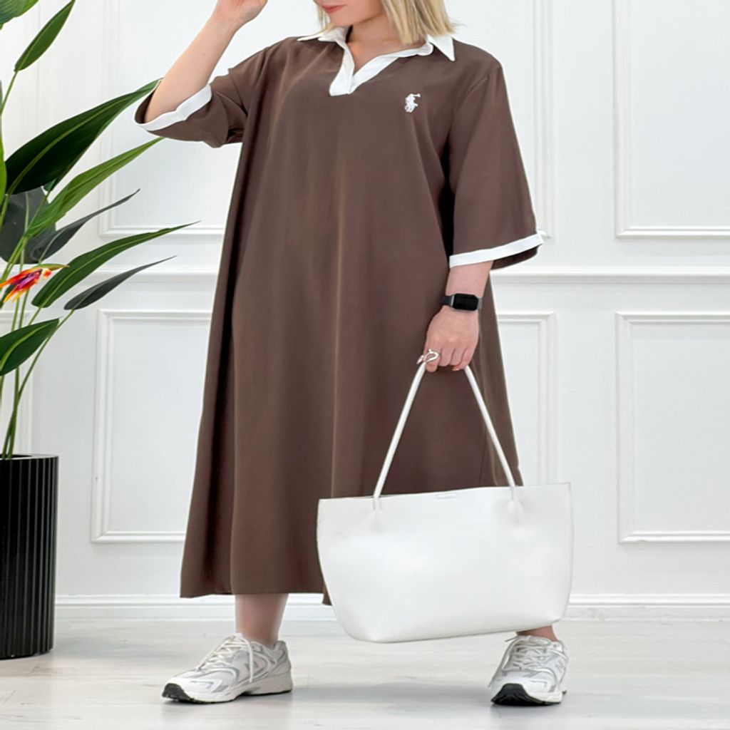خرید اینترنتی قیمت کفتان بلند زنانه یقه انگلیسی مهلا - قهوه‌ای‌روشن