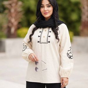 تونیک گلدوزی لنین رنگ کرم قابل ست دامن و شلوار قهوه ای