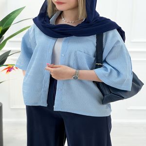 شومیز زنانه آستین سه ربع مانلی - آبی