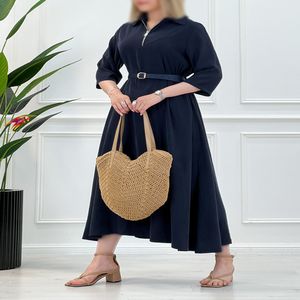 پیراهن سیلک یقه زیپ - سرمه‌ای