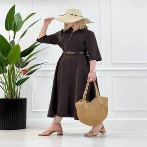 پیراهن سیلک یقه زیپ - شکلاتی