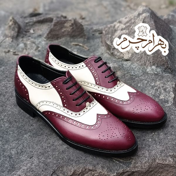 کفش مردانه مجلسی چرم طبیعی دستدوز مدل نیلسون زرشکی کرم