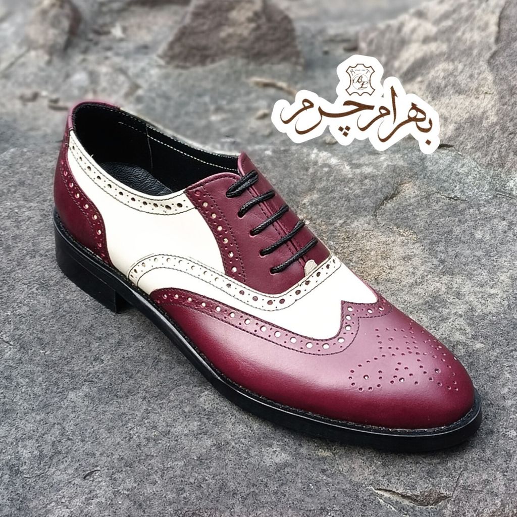 خرید اینترنتی کفش مردانه مجلسی چرم طبیعی دستدوز مدل نیلسون زرشکی کرم