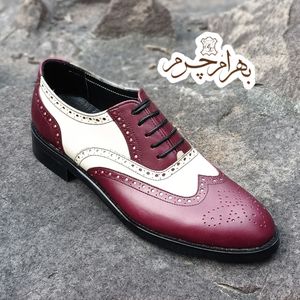 خرید اینترنتی کفش مردانه مجلسی چرم طبیعی دستدوز مدل نیلسون زرشکی کرم