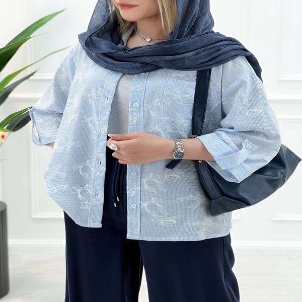 شومیز مانتویی طرح دار لینن زارا آسمان