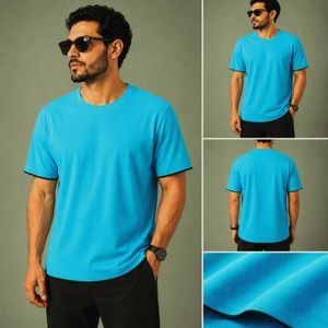تیشرت مردانه یقه گرد مغزی خور آبی فیروزه ای