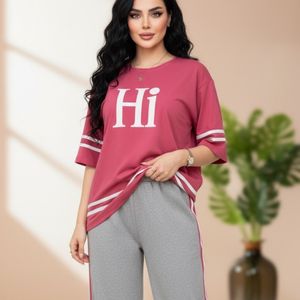 مشخصات 🍭 ست دو تیکه تیشرت + شلوار Hi گلکسی پنبه تن خور شیک