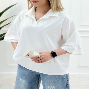 خرید اینترنتی قیمت تیشرت یقه‌دار زنانه تکرنگ مژگان
