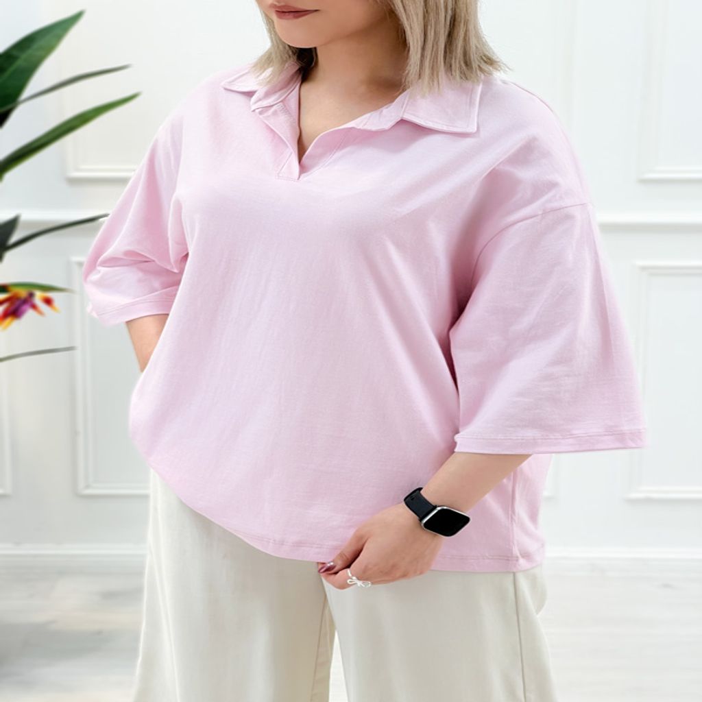 خرید اینترنتی قیمت تیشرت یقه‌دار زنانه تکرنگ مژگان - صورتی