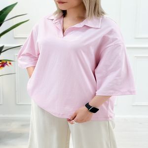 تیشرت یقه‌دار زنانه تکرنگ مژگان - صورتی