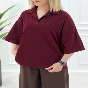تیشرت یقه‌دار زنانه تکرنگ مژگان - زرشکی