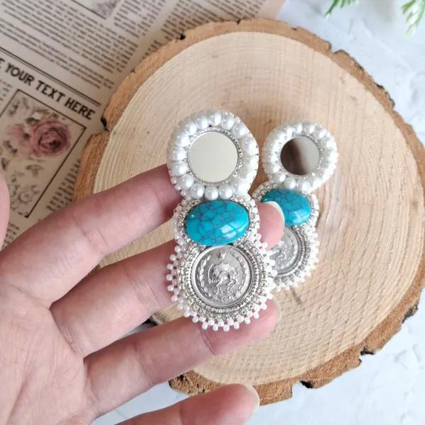 گوشواره جواهردوزی فیروزه آینه ای کد 2258