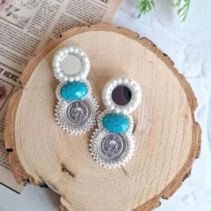 گوشواره جواهردوزی فیروزه آینه ای کد 2258