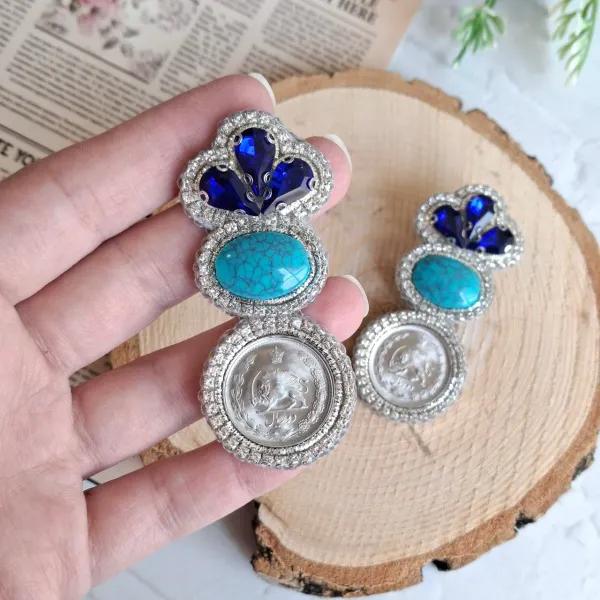گوشواره جواهردوزی فیروزه سکه ای کد 2257