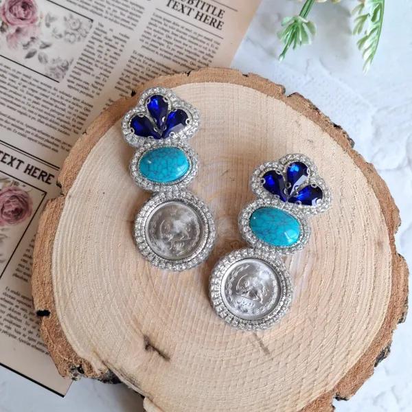 گوشواره جواهردوزی فیروزه سکه ای کد 2257