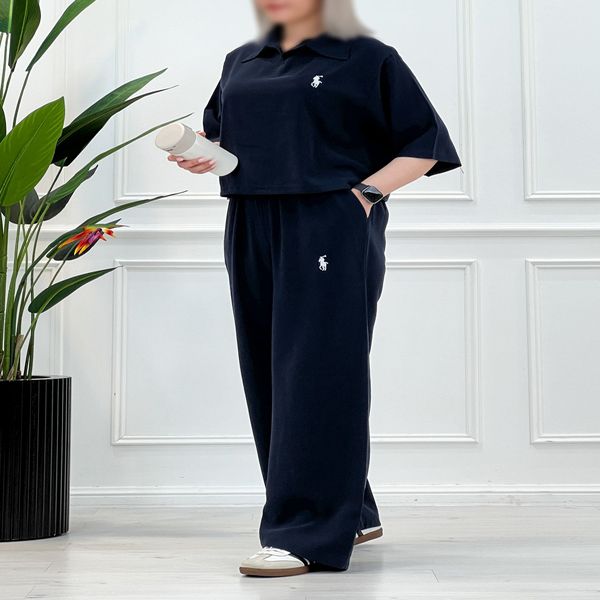 ست بلوز شلوار پولو زنانه سیلک کتان - سرمه‌ای