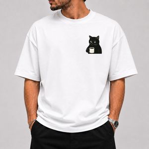 تیشرت طرح Black Cat با ماگ سفید قواره باکسی - پارچه دو نخ پنبه