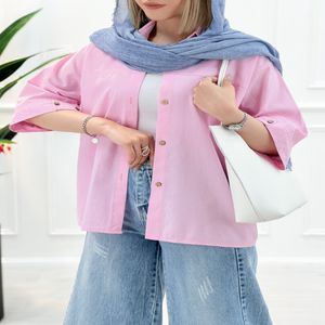 خرید اینترنتی قیمت شومیز مانتویی لینن مینا - صورتی1