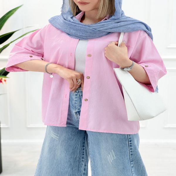 شومیز مانتویی لینن مینا - صورتی1